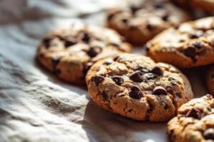 AI generated Closeup of chocolate chip cookies. Cookies background. Generative AI photo