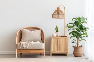 AI generated Rattan armchair and floor lamp in living room interior with plants. Generative AI photo