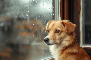 AI generated Dog waiting near the window for its owner in a rainy day. Generative AI photo