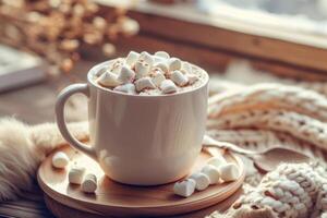 AI generated Chocolate hot cocoa in white mug with marshmallows. Generative AI photo