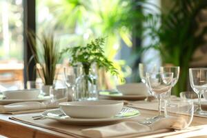 ai generado cena mesa ajuste de cuatro con plantas en el antecedentes. generativo ai foto