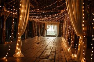 AI generated Indoor barn wedding with string lighting to celebrate marriage in a rustic setting. Generative AI photo