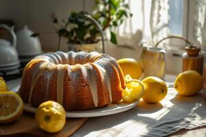 AI generated Classic lemon pound cake with powdered sugar glaze. Generative AI photo