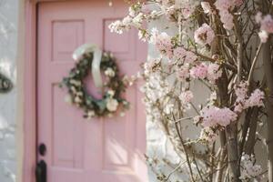 AI generated Home entrance with decorative spring wreath on front door in pastel colors. Generative AI photo