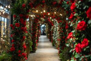 AI generated Archway with red flowers on a green natural background. Festive atmosphere. Generative AI photo