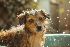 ai generado perro tomando un bañera en el patio interior. generativo ai foto