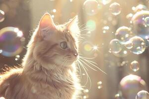 AI generated Cat surrounded by soap bubbles. Kitten playing with soap bubbles. Generative AI photo