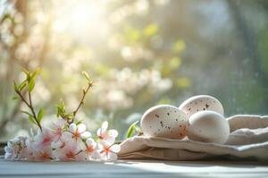 AI generated Pastel colored Easter eggs and flowers on sunny light background. Moody atmospheric image. Generative AI photo