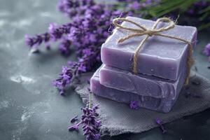 AI generated Natural soap with lavender extract. Handmade soap with lavender flowers. Generative AI photo