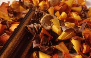 a pile of orange and brown leaves photo