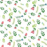 A floral pattern with small flowers in a scatter. A mix of pink, yellow, and blue colors. Vector flat flowers on a white background. Seamless ornament for printing on fabric, paper. Gift wrapping