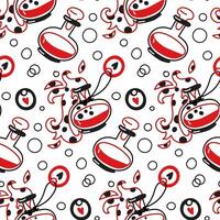 Pattern of a bottle of different shapes with a colored love potion for Valentine's Day. Seamless vector texture in red and black colors. An open bottle with liquid and escaping steam and bubbles