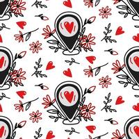 Pattern marks the location on the map in the form of a colored heart. Doodle-drawn location icon for lovers highlighted on a white background. Vector ornament for Valentine's Day in black, red colors