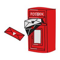 A red mailbox with a flat letter in the style of doodles. Envelopes from a loved one are pouring out of the mailbox. An isolated mailbox with an envelope. Vector illustration. Lovers' correspondence