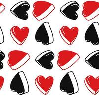 Seamless beautiful voluminous flat red, black hearts with a highlighted outline on a white background. Cute seamless pattern. Vector graphic illustration, hand-drawn. The texture. Lovers