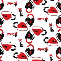 Seamless pattern of colored heart-shaped locks. A flat illustration in the form of doodles for Valentine's Day. Open barn locks in red and black colors with keys. Gift wrapping for the holiday vector