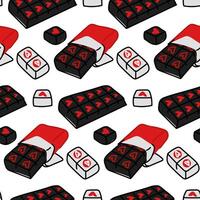 Pattern with a chocolate bar and slices. Appetizing packaging with the image of sweets, pieces of chocolate on a white. Vector flat illustration in the form of doodles. Black, Red for Valentine's Day