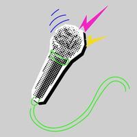 Microphone, voice, bass collage grunge pop art rock. A black and white picture with colored inserts. The tool is like a clipping from a magazine. A bright doodle on a dotted black and white drawing vector