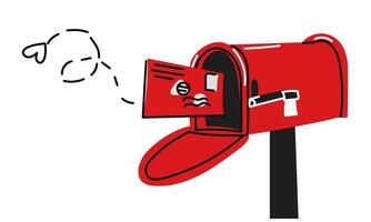 Red mailbox with a flat letter in the style of doodles. Letter from a loved one flies into the mailbox. An isolated mailbox with an envelope for correspondence. Vector illustration. Lovers