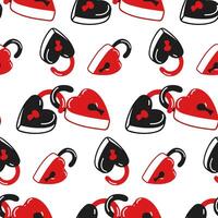 Seamless pattern of colored heart-shaped locks. Fat illustration in the form of doodles for Valentine's Day. Open barn locks together, red and black on a white background Gift wrapping for the holiday vector