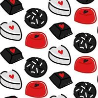 The chocolate candy lovers pattern. Seamless pattern with chocolates. Red and black color. Vector Valentine's Day background for wrapping paper, wrappers, packaging, fabric and printing