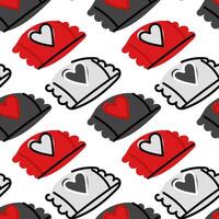 Candy pattern in a package for lovers with hearts. Cute love symbol elements with seamless pattern on white Valentine's day background. Black red color doodle images of candy wrappers vector