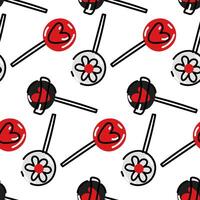 Lollipop pattern is doodle red and black. I love sweets. Seamless pattern with lollipops. Heart, flowers sweetness. Background for Valentine's Day and romantic holidays. Hand-drawn vector illustration