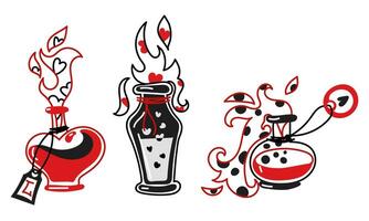 Set of bottles of different shapes with colored love potion for Valentine's Day. Isolated vector collection in red and black colors. An open bottle with liquid and escaping steam with hearts Halloween