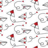 Pattern is paper airplanes with hearts. Seamless vector pattern with origami planes, flying hearts. Wrapping paper, wallpaper, repeating elements, vintage design, laptop cover, fabric clothing design