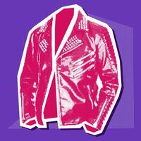 A rocker leather jacket with a grunge-pop-art-rock collage. Pink and white picture on blue. The clothes look like a clipping from a magazine. Bright large and small dots create the shape of the object vector