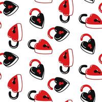 Seamless pattern of colored heart-shaped locks. A flat illustration in the form of doodles for Valentine's Day. Open barn locks in red and black on a white background. Gift wrapping for the holiday vector