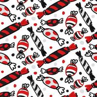 A candy pattern in a package for lovers. Cute love symbol elements with seamless pattern on white Valentine's day background. Black red color doodle images of various candies in wrappers vector