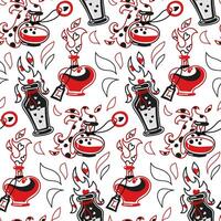 Pattern of a bottle of different shapes with a colored love potion for Valentine's Day. Seamless vector texture in red and black colors. An open bottle with liquid and escaping steam with hearts.