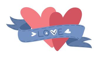 A blue ribbon with hearts. Vector images with a blue ribbon highlighted on a white background. Two hearts with a ribbon and a Valentine's Day greeting. A gift from a loved one heart. Love