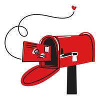 Red mailbox with a flat letter in the style of doodles. An envelope from a loved one flies into the mailbox. An isolated mailbox with an envelope. Vector illustration. Lovers' correspondence