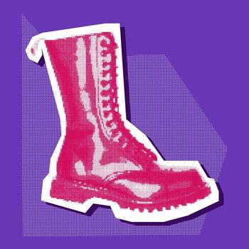 balancín botas con un collage en el estilo de grunge-pop-art-rock. rosado y blanco imagen en azul. articulo mira me gusta un recorte desde un revista. brillante grande y pequeño puntos crear el forma de el objeto vector