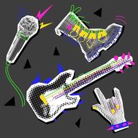 A set of rocker objects collage in the style of grunge pop art. Guitar, microphone, hand, shoe. Black and white dots with colored inserts. It looks like a clipping from a magazine. Bright doodles vector