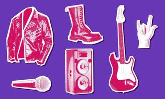 A set of rock in a grunge pop art collage. Pink and white image on blue. The clothes look like a clipping from a magazine. Bright large and small dots create a shape. Music, style, top, fun vector