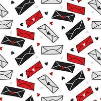 Vector seamless pattern of closed envelopes, letters in red, black, and white colors. Hand-drawn postal background with envelopes, Valentine's day mail, flying letters. Envelopes with letters