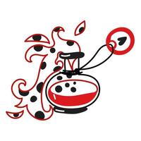 A rounded bottle with a red love potion for Valentine's Day. Isolated vector illustration in red and black colors. An open bottle of liquid and escaping steam. Contour, lines