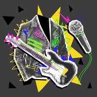 Rocker jacket, guitar, microphone, grunge pop-art rock collage. A black and white picture with colored inserts. Execution looks like a clipping from a magazine. Bright doodles on a dotted black, white vector