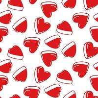 Beautiful voluminous flat red hearts with a contour highlighted on a white background. Cute seamless pattern. Vector graphic illustration, hand-drawn. The texture. Lovers