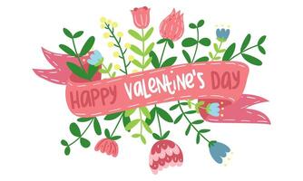 rosado cinta con flores vector ramo de flores con cinta rosa, amarillo, azul colores, aislado en un blanco. flores con cinta y Felicidades para el San Valentín día día festivo. regalo desde amado uno