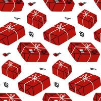 Seamless pattern of parcels with red stamps, with the addition of black, white colors. A hand-drawn postal background with boxes tied with threads. Mail correspondence. Gift with the bow was delivered vector