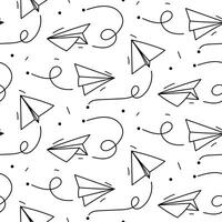 Seamless pattern with vector paper airplane. The journey, the symbol of the route. Vector illustration of a background with a hand-drawn paper airplane. Contour. A hand-drawn airplane. A black linear