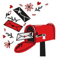 A red mailbox with a flat letter, doodle-style flowers. Envelopes with flowers from a loved one fly out of the mailbox. Isolated mailbox sending messages. Vector illustration. Lovers' correspondence