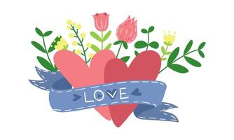 A blue ribbon with hearts in flowers. Vector images with a ribbon highlighted on a white background. Two hearts with a ribbon, flowers and a Valentine's Day greeting. A gift from a loved one heart