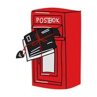 Red mailbox with a flat letter in the style of doodles. A bunch of letters with a tag are shoved into the mailbox. An isolated mailbox with an envelope for correspondence. Vector illustration. Lovers'