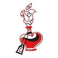 A heart-shaped bottle with a red love potion for Valentine's Day. Isolated vector illustration in red and black colors. An open bottle with liquid and escaping steam with hearts. Contour, lines, spot