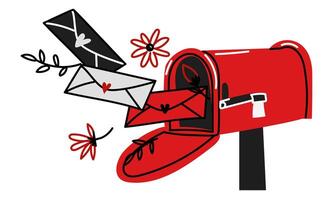 A red mailbox with a flat letter and doodle-style flowers. Envelopes from a loved one fly into the mailbox. An isolated mailbox with envelopes with flowers. Vector illustration. Lovers' correspondence